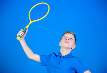 sport equipment. Happy child play tennis. Sport game equipment. Little boy. Fitness diet brings...
