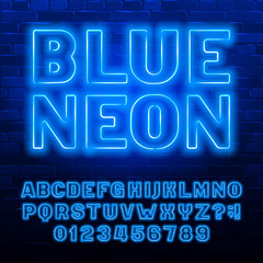 Blue neon alphabet font. Blue color light bulb capital letters and numbers. Stock vector typeface for your typography design.