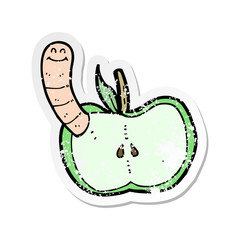 retro distressed sticker of a cartoon apple with worm