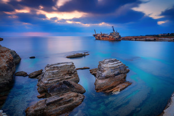 Beautiful sunset shot of Edro III shipwreck near Coral Bay, Peyia, Paphos, Cyprus