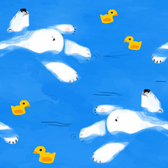 polar bear floats on water with a rubber duck seamless pattern