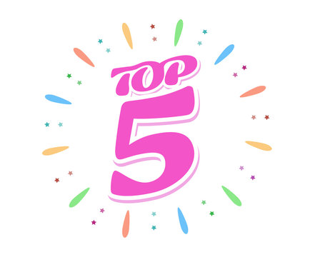Top 5 red word inside fireworks on white background. A colored volume inscription. Vector illustration in a flat style.