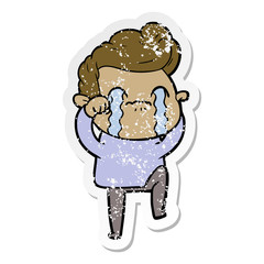 distressed sticker of a cartoon man crying