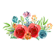 Watercolor Flowers Floral Design Arrangement for Wedding and Greeting Card with Red Roses, Blue Flowers and Green Leaves for Vector Romantic Design Ideas