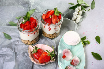 Summer dessert with strawberries. Healthy homemade dessert