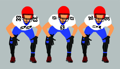 American football players on the scrimmage line vector. Rugby players team vector illustration. Defense formation in action. Professional league event, sport teamwork. 