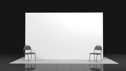 Billet press wall with blank banner 3x5 meters and chairs. Mobile trade show booth white and blank. 3d render isolated on white background. High Resolution