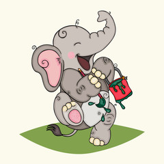 Happy elephant holding paint can and brush
