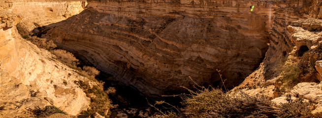 panorama landscape view of the canyon in the desert, E'in Ovdat nature reserve, Israel