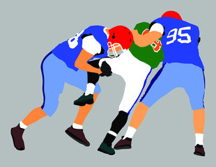 American football players in action, vector isolated on white. Sportsman in full equipment on court. Rugby sportsman, battle for ball. Super ball. popular sport super star. Collage sport. Team work.