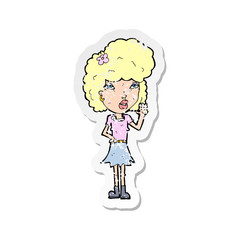 retro distressed sticker of a cartoon woman waving