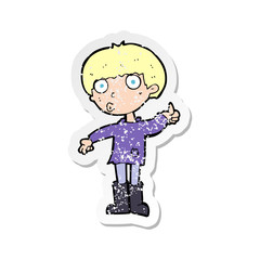 retro distressed sticker of a cartoon boy asking question