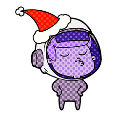 comic book style illustration of a confident astronaut wearing santa hat