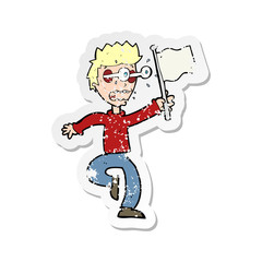 retro distressed sticker of a cartoon frightened boy giving up