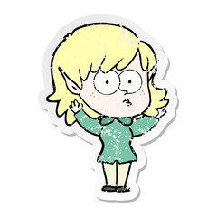 distressed sticker of a cartoon elf girl staring
