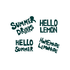 Summer, cold drinks hand drawn flat lettering set