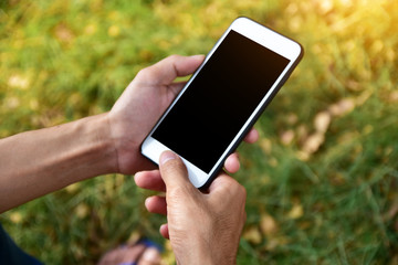 People holding mobile smart phone using smart application by internet online