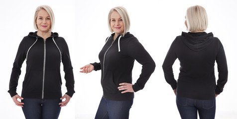 Shirt design and fashion concept woman in black sweatshirt front and rear, black hoodies, blank...