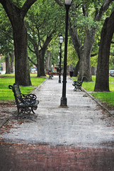 A delightful little park with black lamps and benches just outside of Charleston, South Carolina.