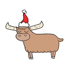 line drawing of a bull wearing santa hat