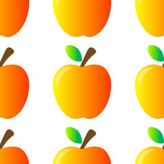 Seamless pattern of fresh red ripe juice shiny apple with reflection, stem and leaf. Isolated on white background. Editable vector EPS 10 illustration.