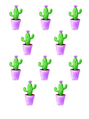Watercolor cactus pattern with violet flower on white background