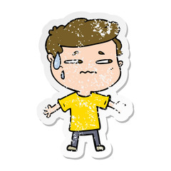distressed sticker of a cartoon anxious man
