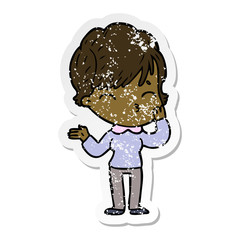 distressed sticker of a cartoon woman thinking