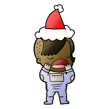 gradient cartoon of a cool hipster girl in space suit wearing santa hat