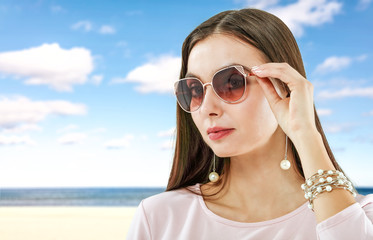 Slim young woman in summer dress and free space for your decoration. 