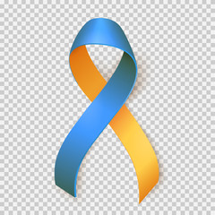 World Down Syndrome day. March 21. Realistic blue yellow ribbon symbol over transparent background. Vector.