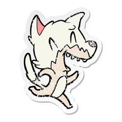 distressed sticker of a laughing fox running away