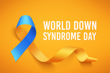 World Down Syndrome day. March 21. Realistic blue yellow ribbon symbol. Template for poster. Vector. © Sk Elena