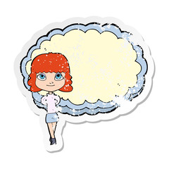 retro distressed sticker of a cartoon woman in front of cloud