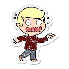 distressed sticker of a cartoon stressed out pointing