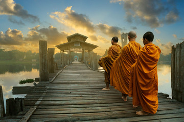Monks walking on U bein bridge at Mandalay,Myanmar