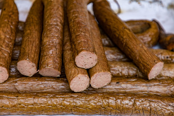 smoked sausages on a farmers market