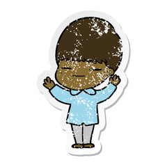 distressed sticker of a cartoon smug boy