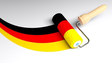 Roller paint brush giving to a white surface the colors of the german flag - 3D rendering illustration