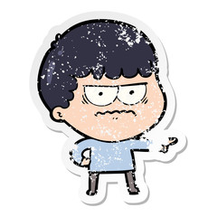 distressed sticker of a cartoon annoyed man