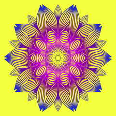 Sacred Oriental Mandala. Color Floral Ornament. Abstract Shapes In Asian Style. Vector Illustration. Yellow purple color