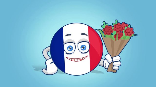 Cartoon Icon Flag France Flowers Bouquet with Face Animation with Alpha Matte