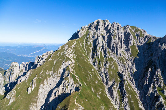 Aerial view of the rocky peaks of Grignetta (Southern Grigna), Valsassina, Lake Como, Lecco province, Lombardy, Italy