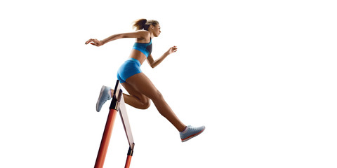 Fototapeta na wymiar Isolated Female Track and field athlete jumps over the barrier on white background