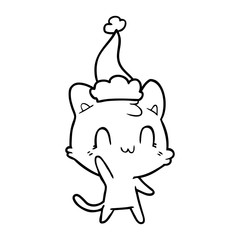 line drawing of a happy cat wearing santa hat