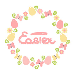 cute cartoon vector Easter wreath with eggs, daisy flowers, leaves and butterflies for holiday greeting cards