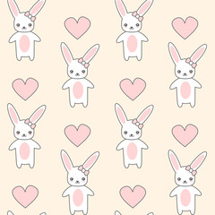cute cartoon seamless vector pattern background illustration with happy bunny and hearts