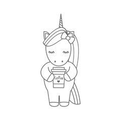 cute cartoon black and white unicorn with coffee cup vector illustration for coloring art