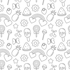 cute tropical summer seamless vector pattern background illustration with butterflies, flowers, fresh fruits, rainbows, lollipop, ice cream and star