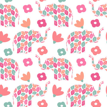 cute colorful abstract seamless vector pattern background illustration with leaves elephants and flowers
